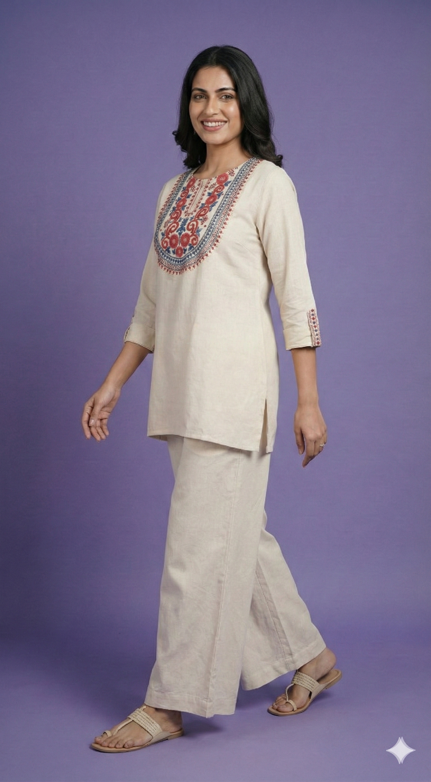 Ivory Round Neck Cotton Short Kurta
