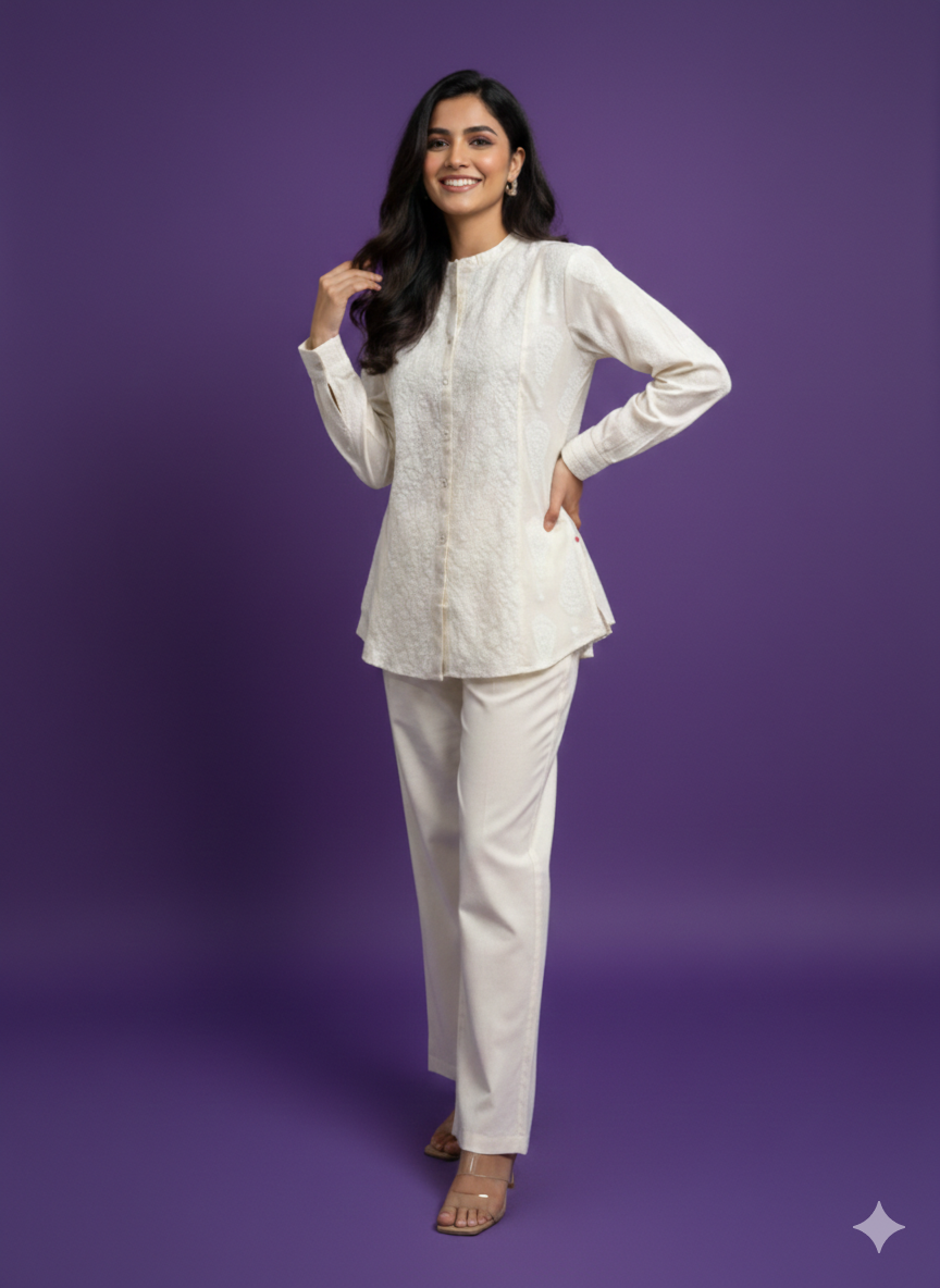 Ivory Collard Cotton Shirt Top