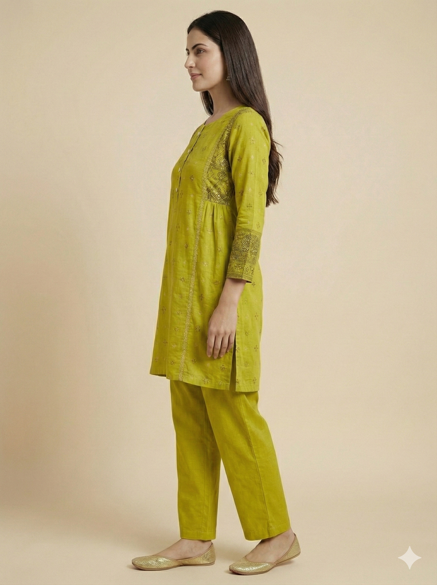 Green Round Neck Cotton Short Kurta