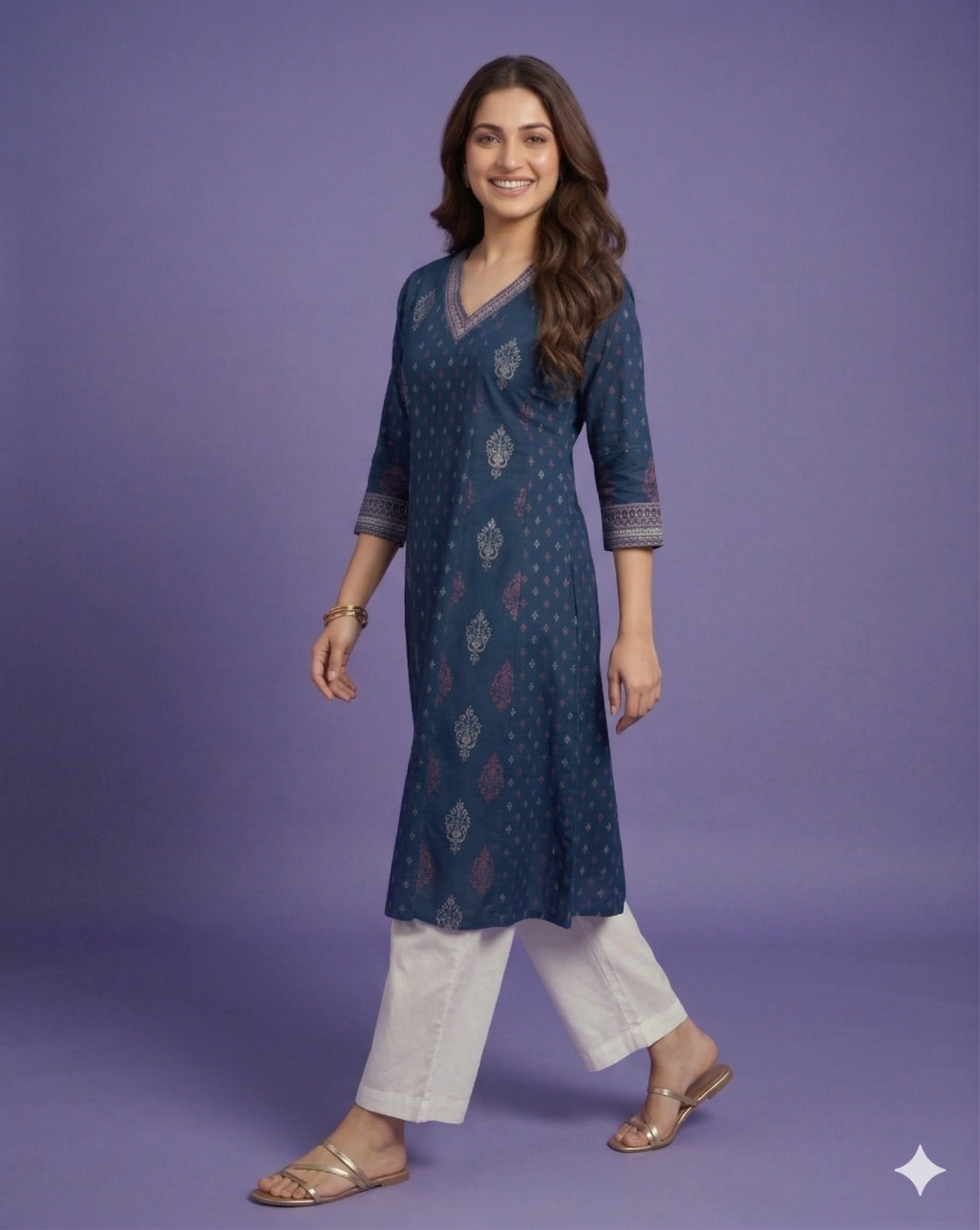 Blue V Neck Cotton Kurta