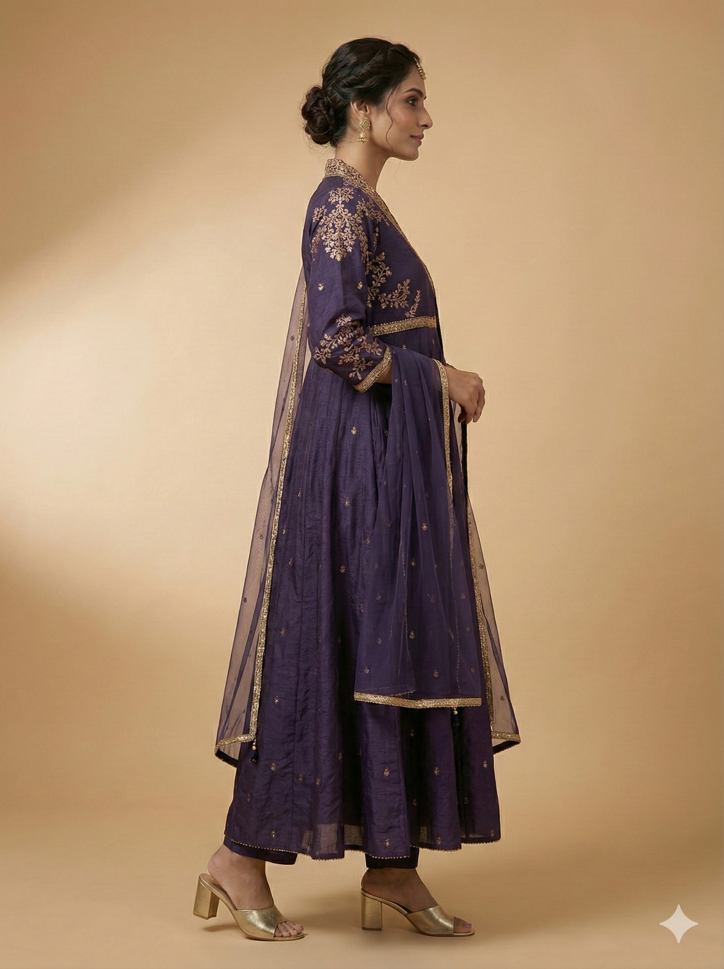 Purple Deep V Neck Viscose Kurta Set with Dupatta