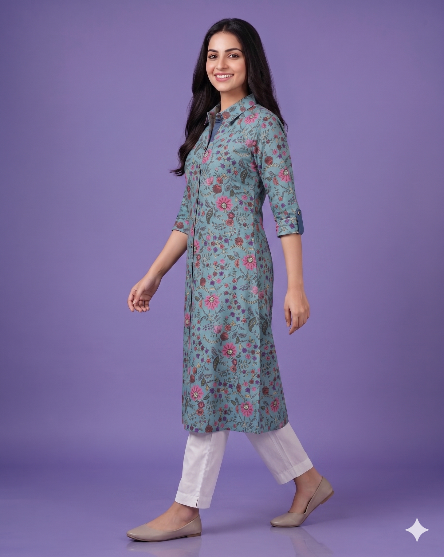 Blue Collard Cotton Kurta
