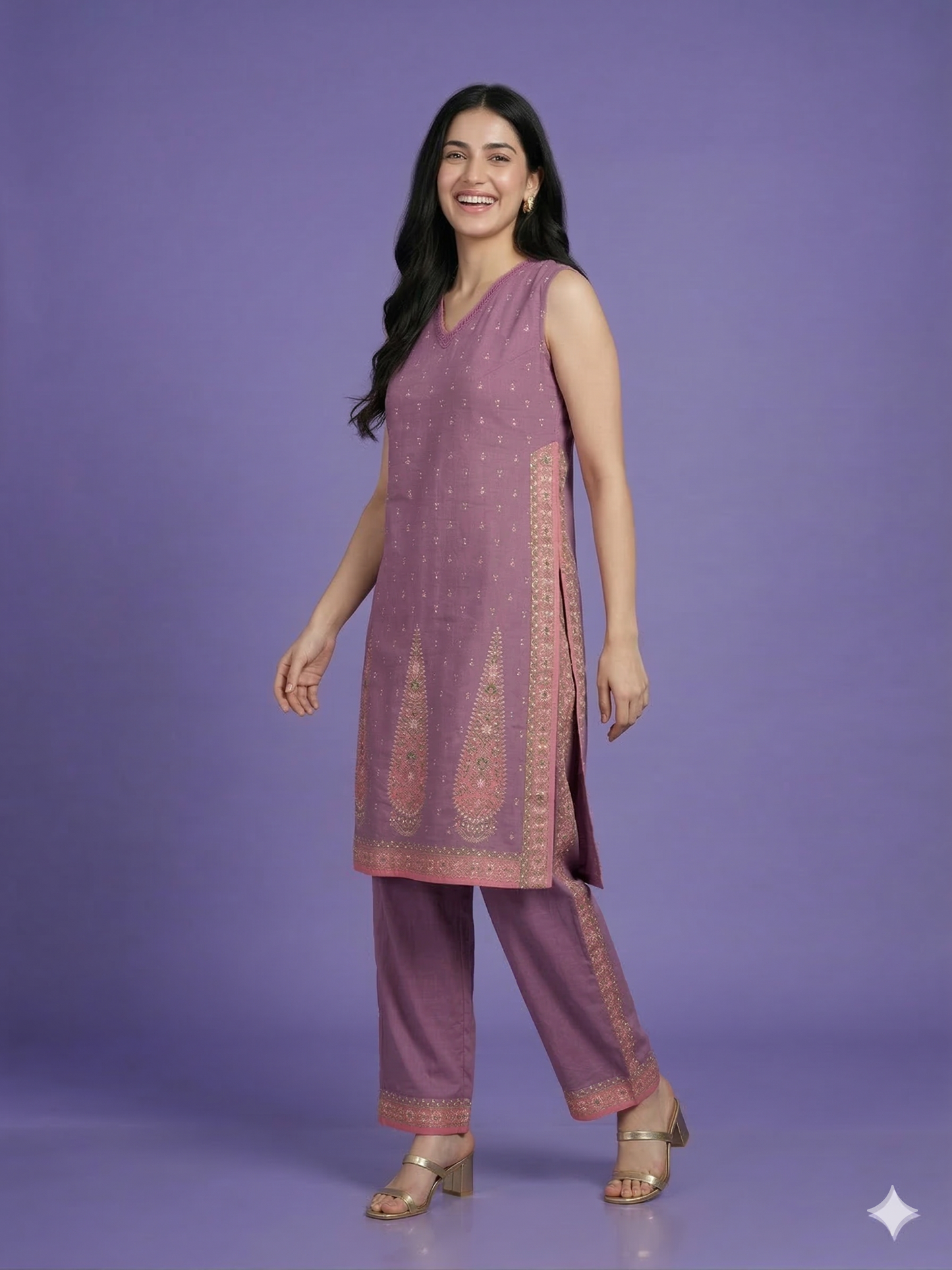 Purple V Neck Cotton Cord Set