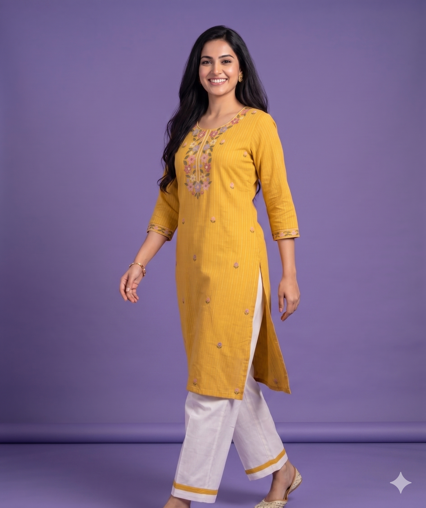 Yellow Round V Neck Cotton Cord Set