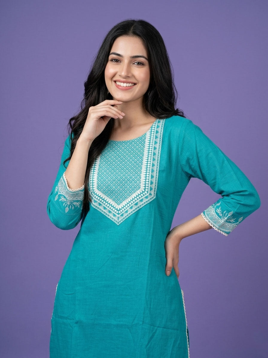 Blue Round Neck Cotton Kurta Set with Dupatta