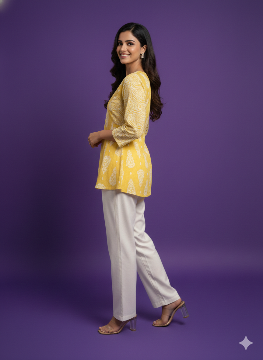 Yellow Mandarin Cotton Short Kurta