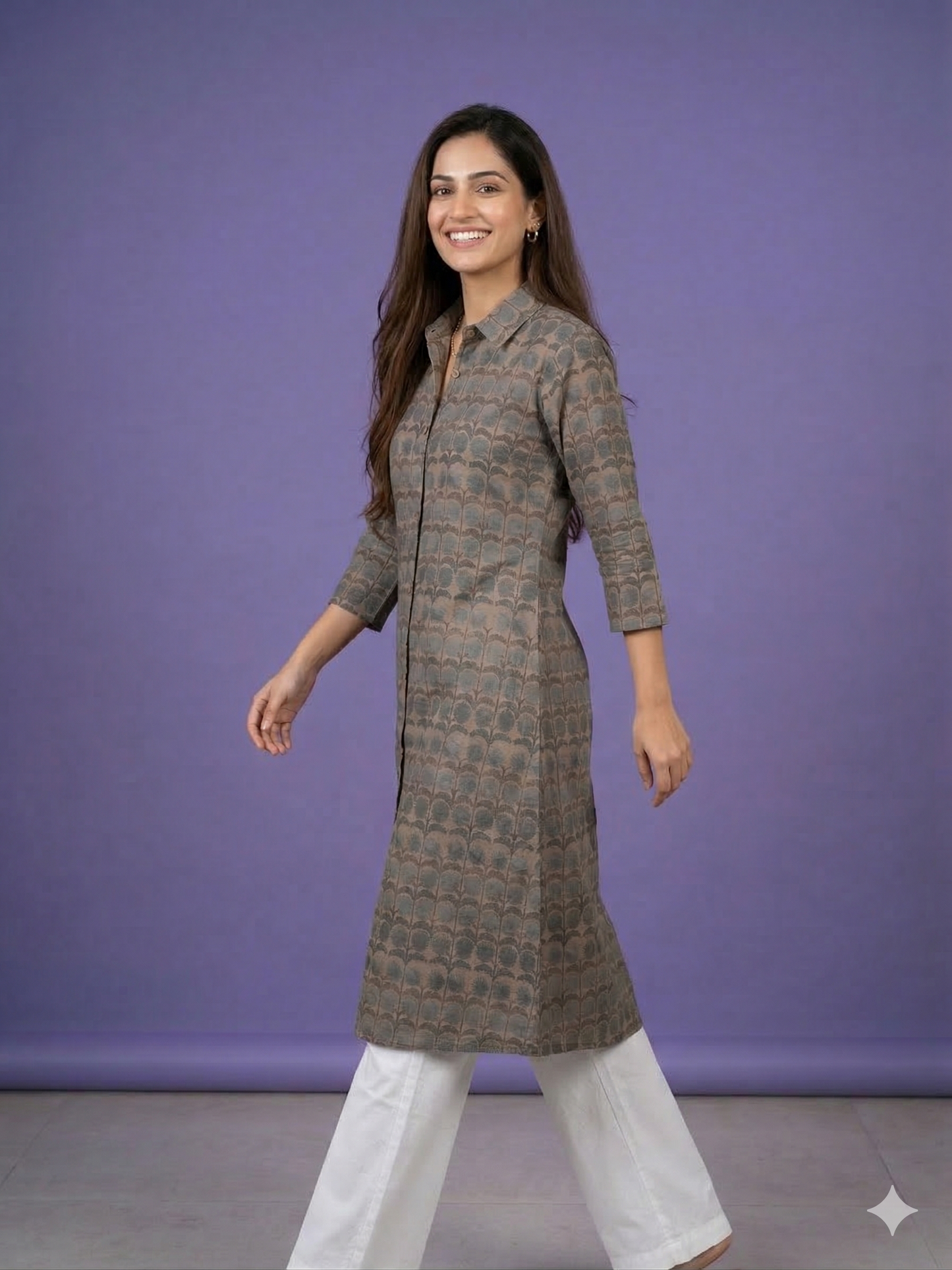 Beige Collard Cotton Kurta