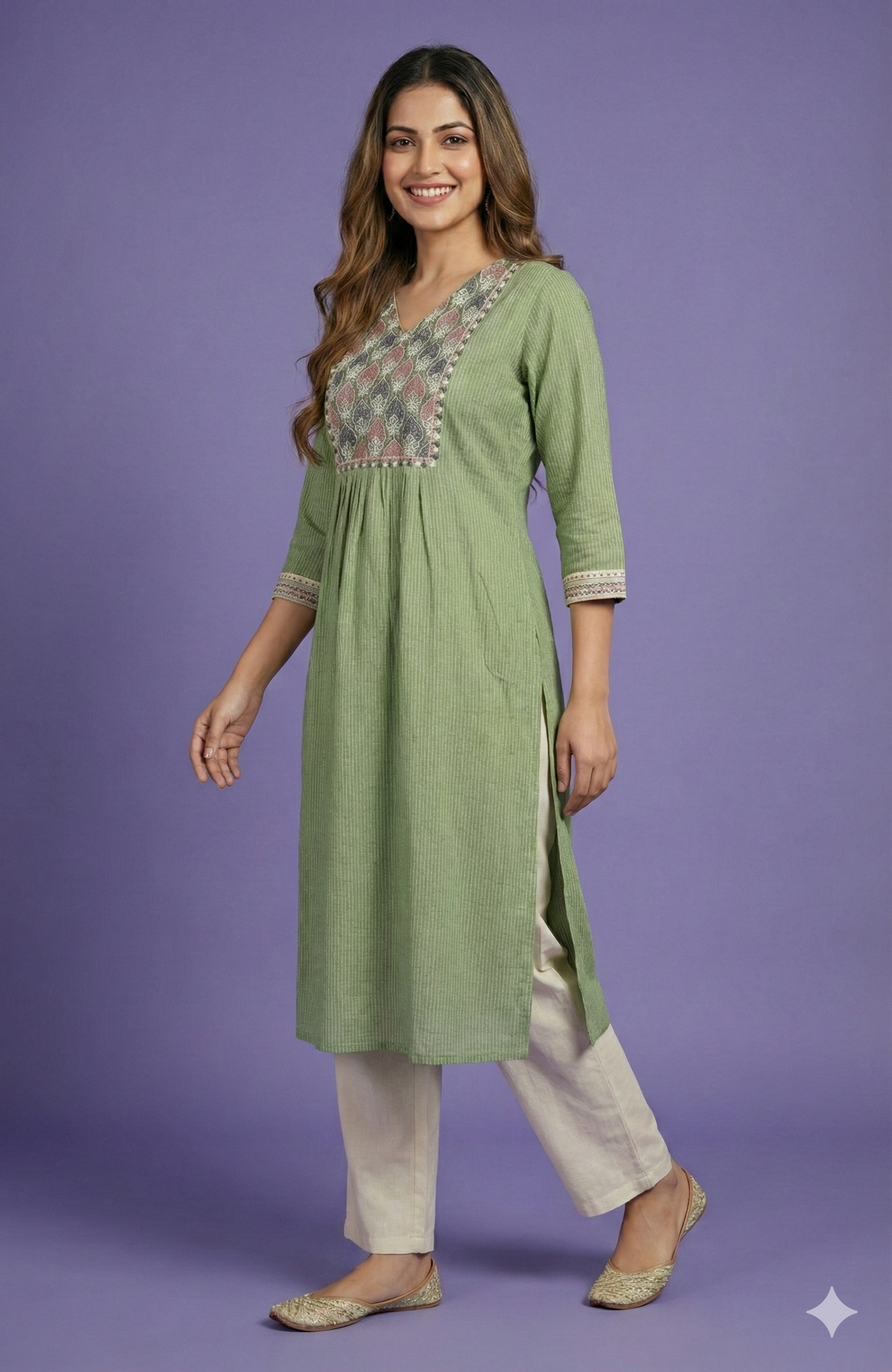 Green V Neck Cotton Kurta