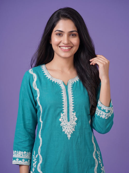 Kurta Set With White Work Embroidery - 100% Cotton