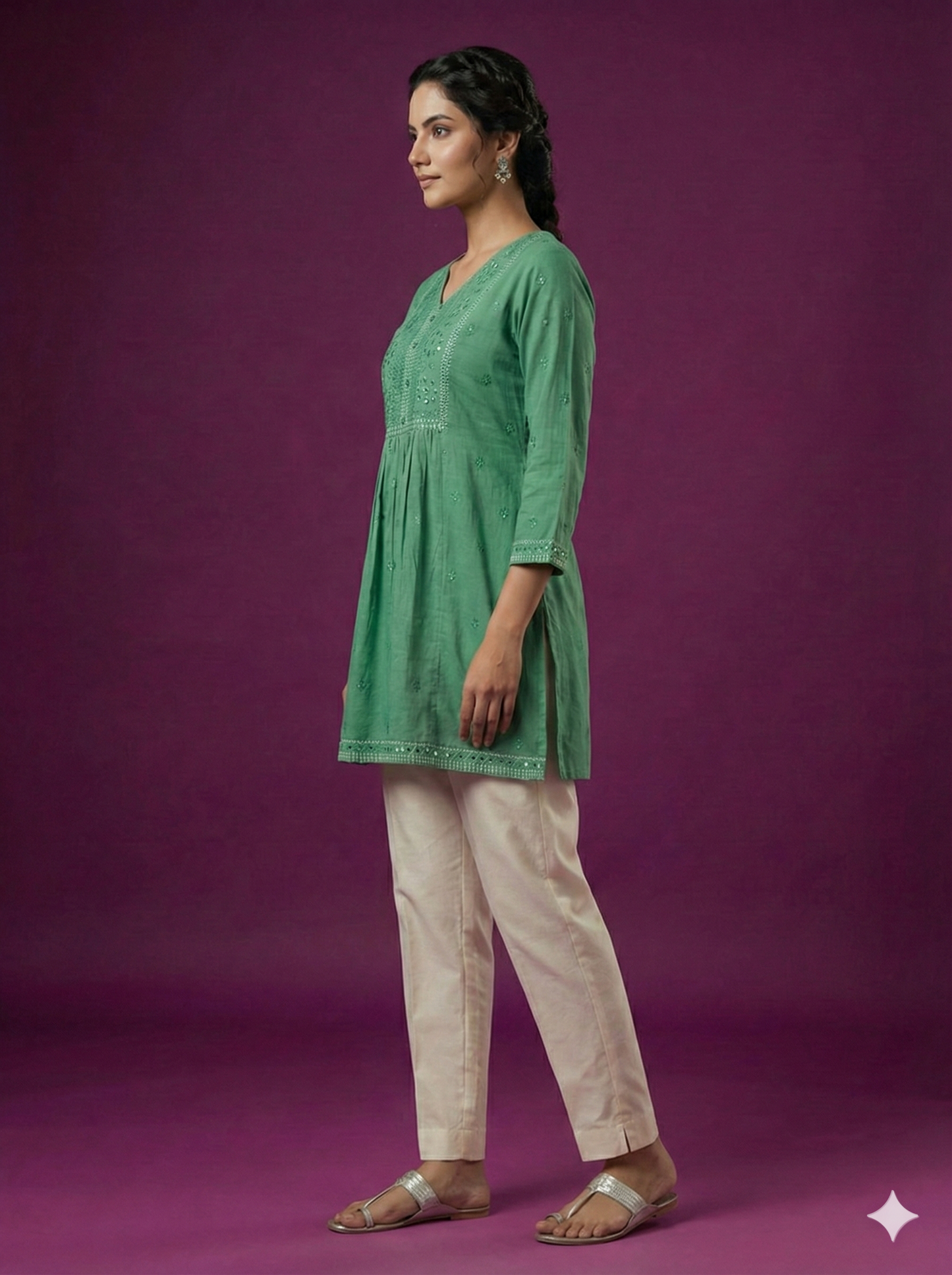 Green V neck Cotton Short Kurta