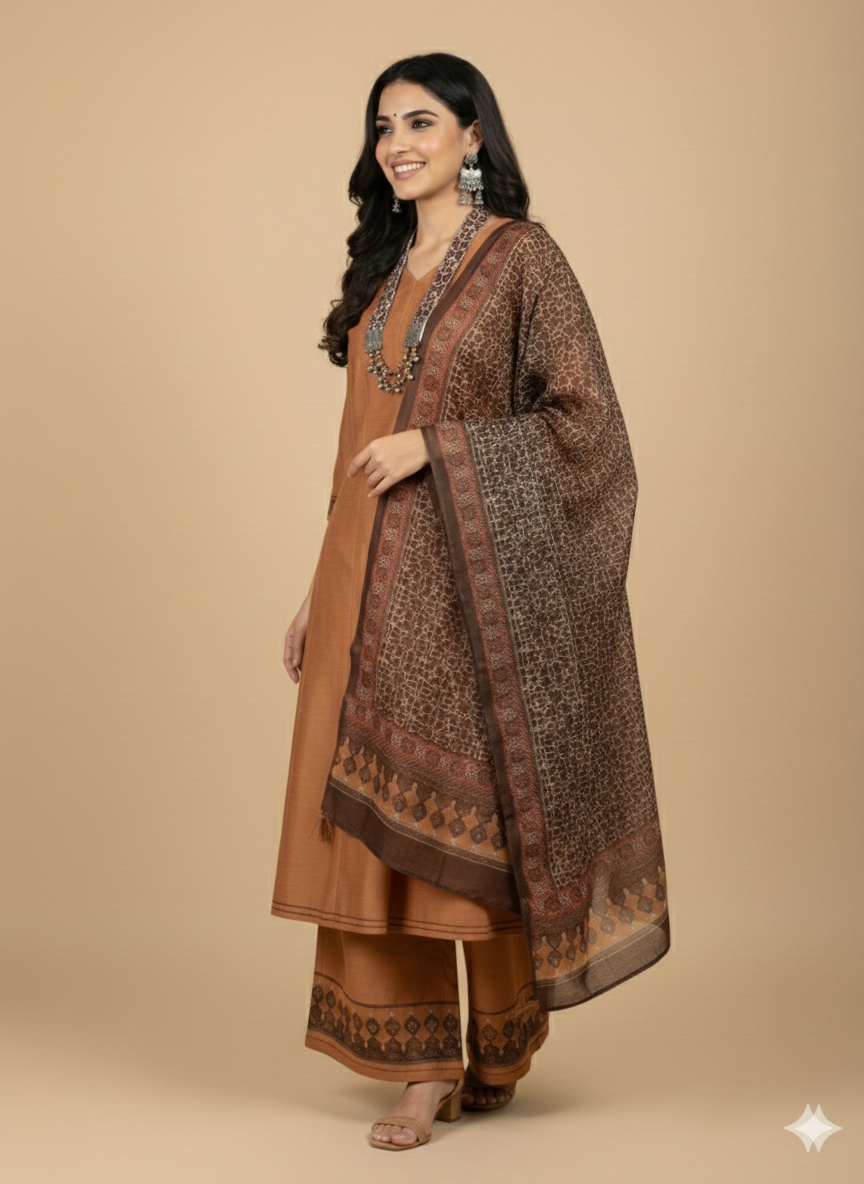 Brown V Neck Silk Kurta Set with Dupatta