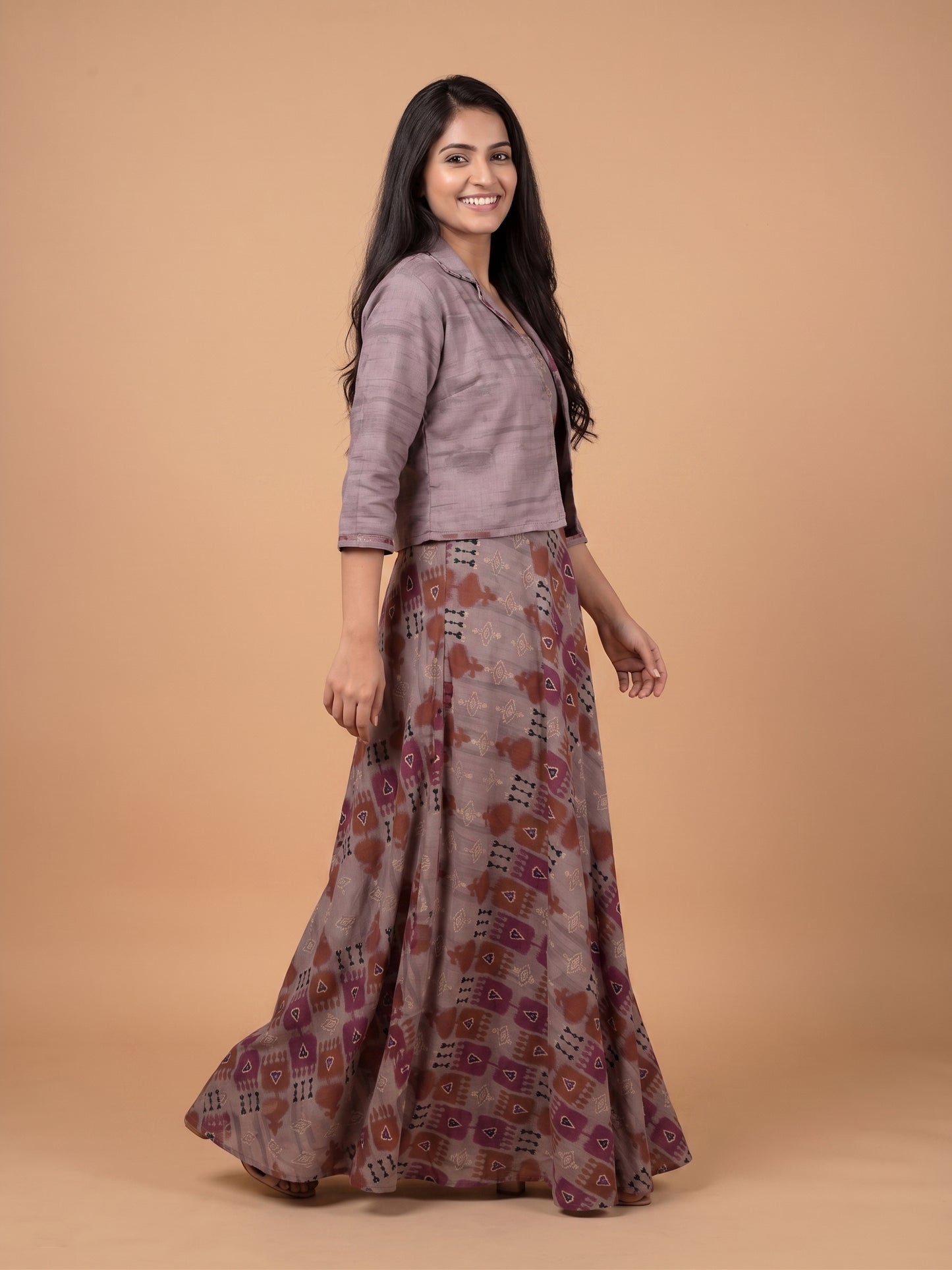 Grey Round Neck Cotton Mulmul Gown With Crop Jacket