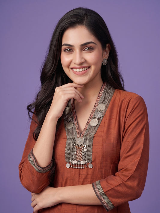 Kurta Set with Attached Jwellery - Silk Slub