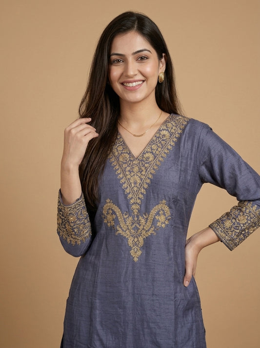 Slub Silk Straight Suit Set with Embroidered Dupatta