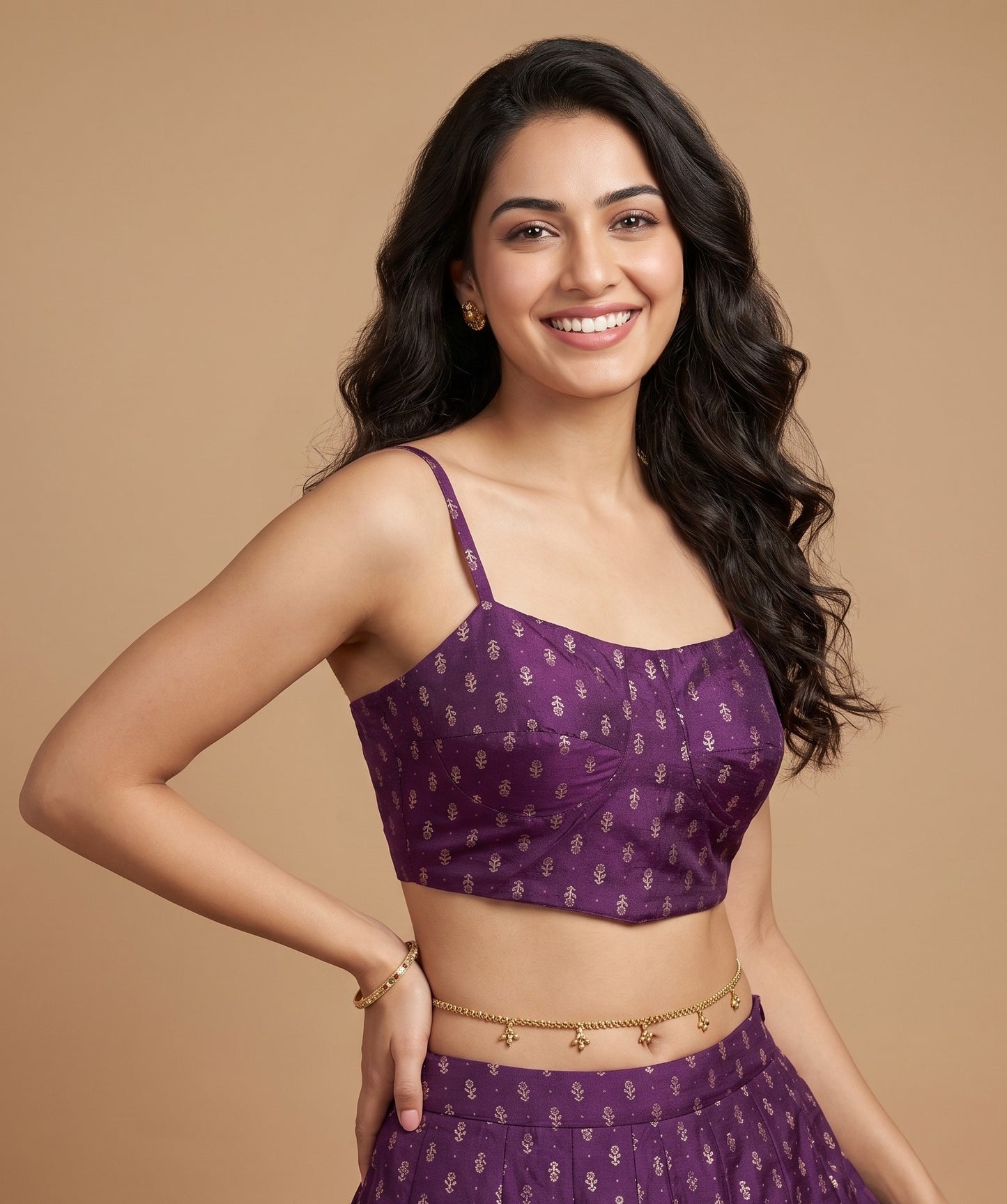 Purple Round Neck Viscose Spaghetti Crop Top