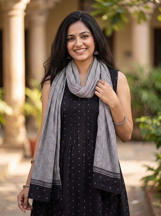 Sleeveless Dress with Striped Dupatta