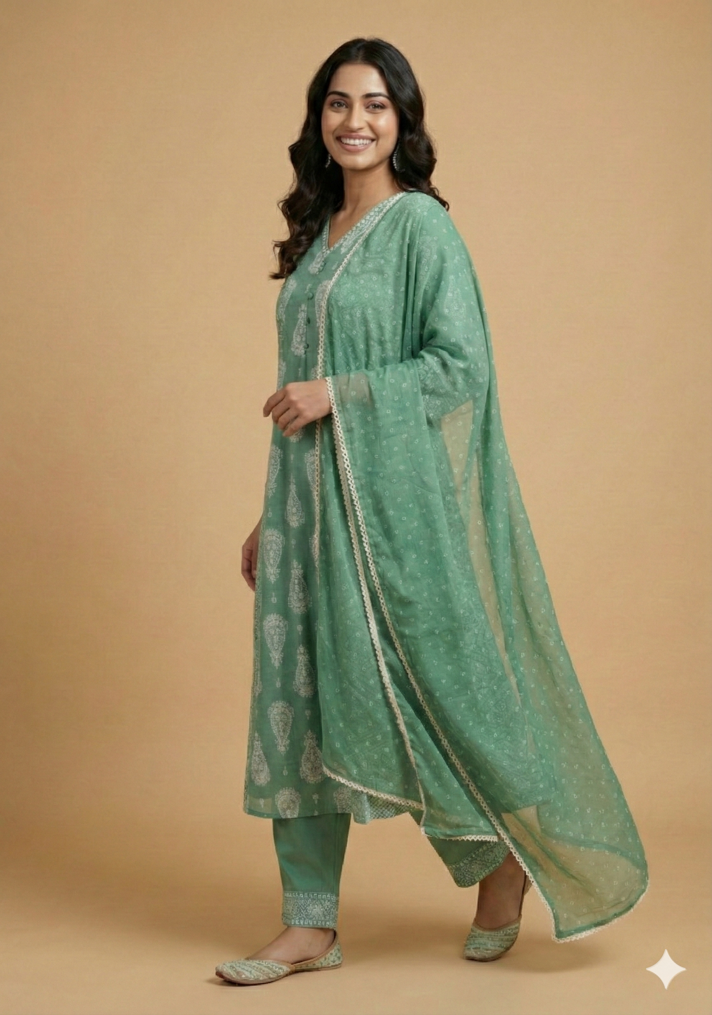 Green V Neck Cotton Kurta