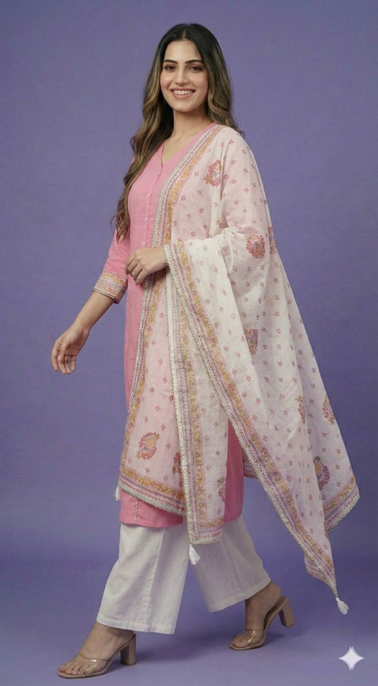 Pink V Neck Cotton Kurta