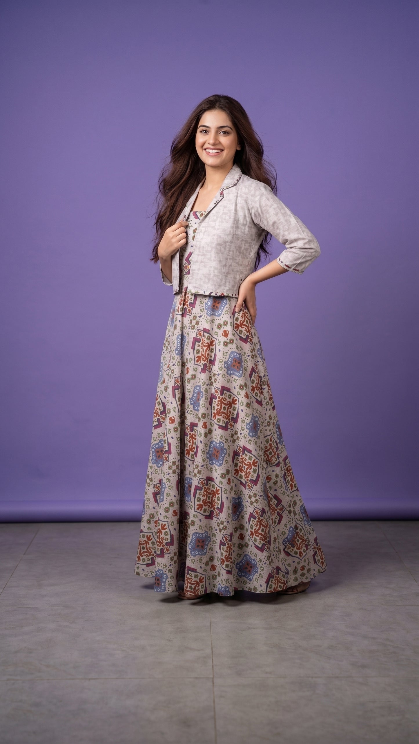 G Pruple Notched Collar Cotton Mulmul Gown With Crop Jacket