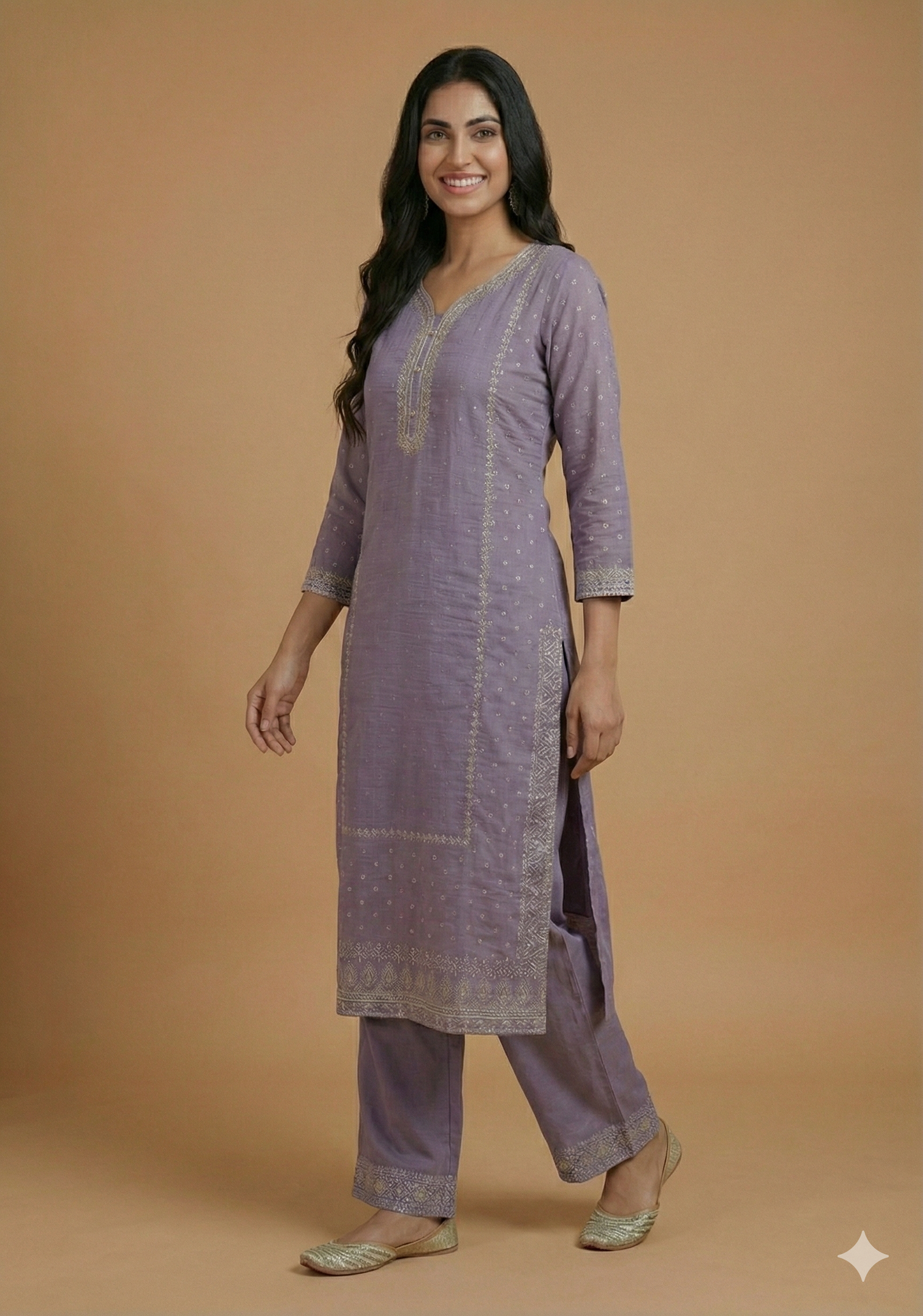 Purple Round V Neck Cotton Kurta