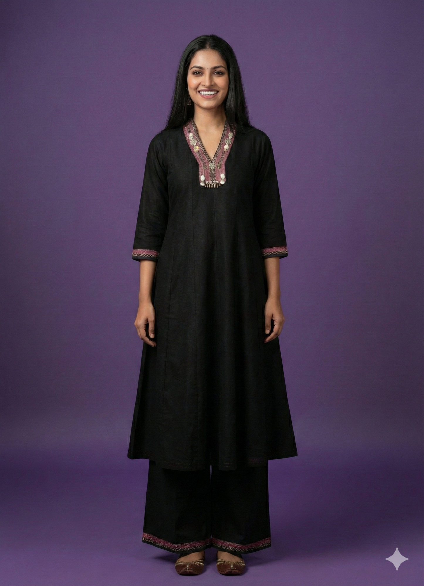 Black V Neck Silk Kurta Set