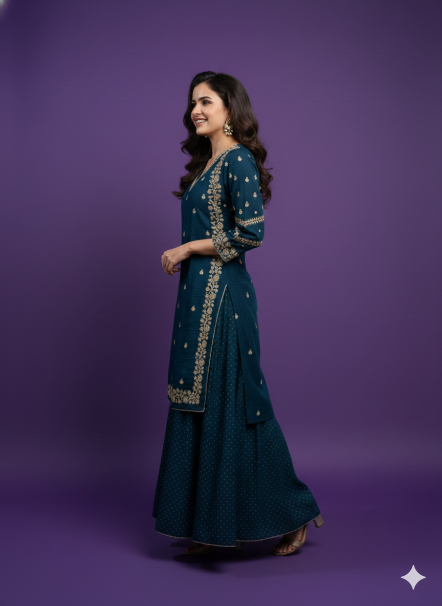 Blue V Neck Viscose 2PCS Set