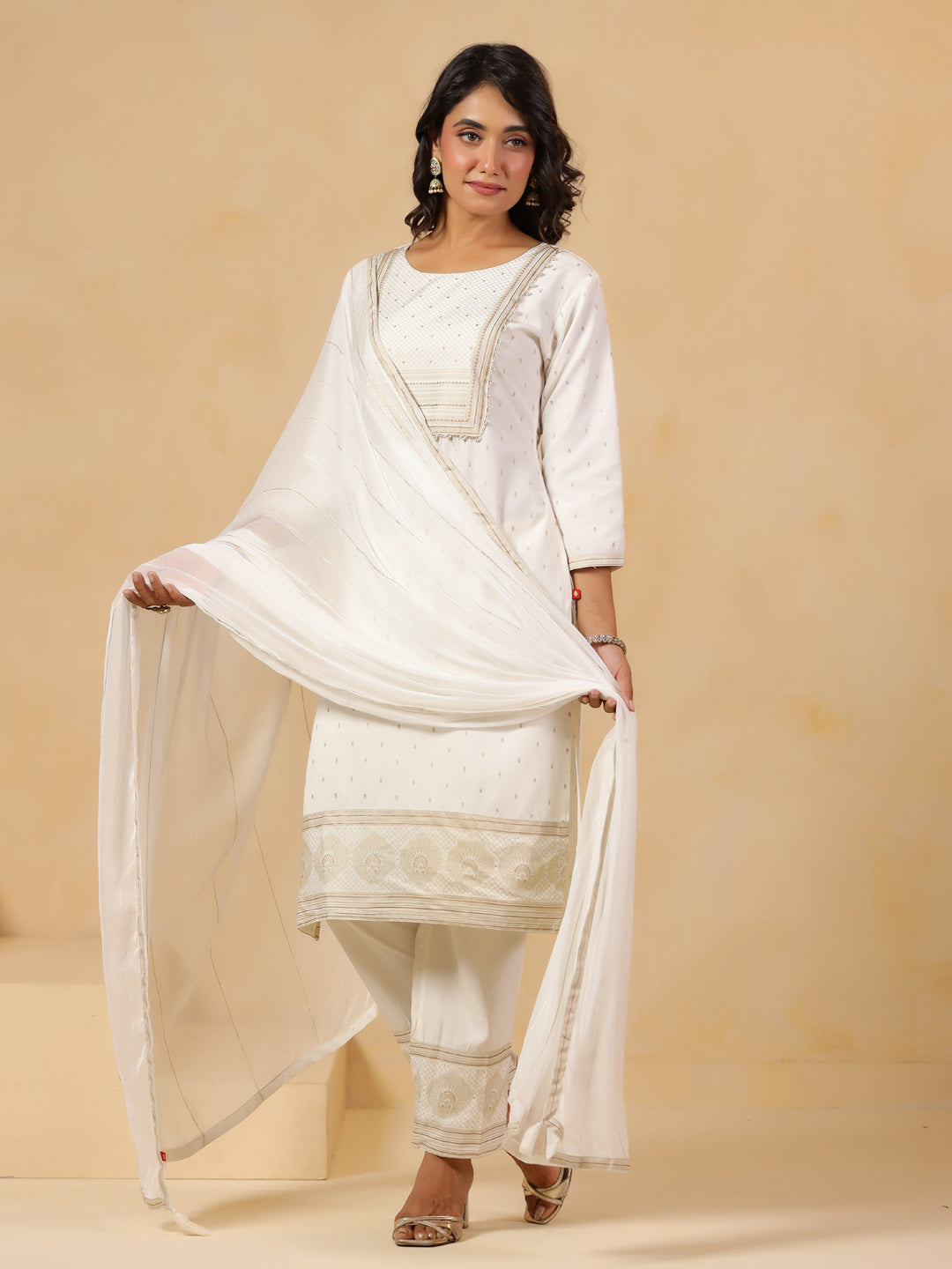 Span White Round Neck Rayon Kurta Set with Dupatta