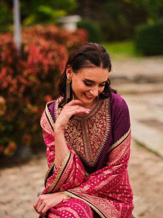 Purple Round Neck Silk Kurta Set with dupatta