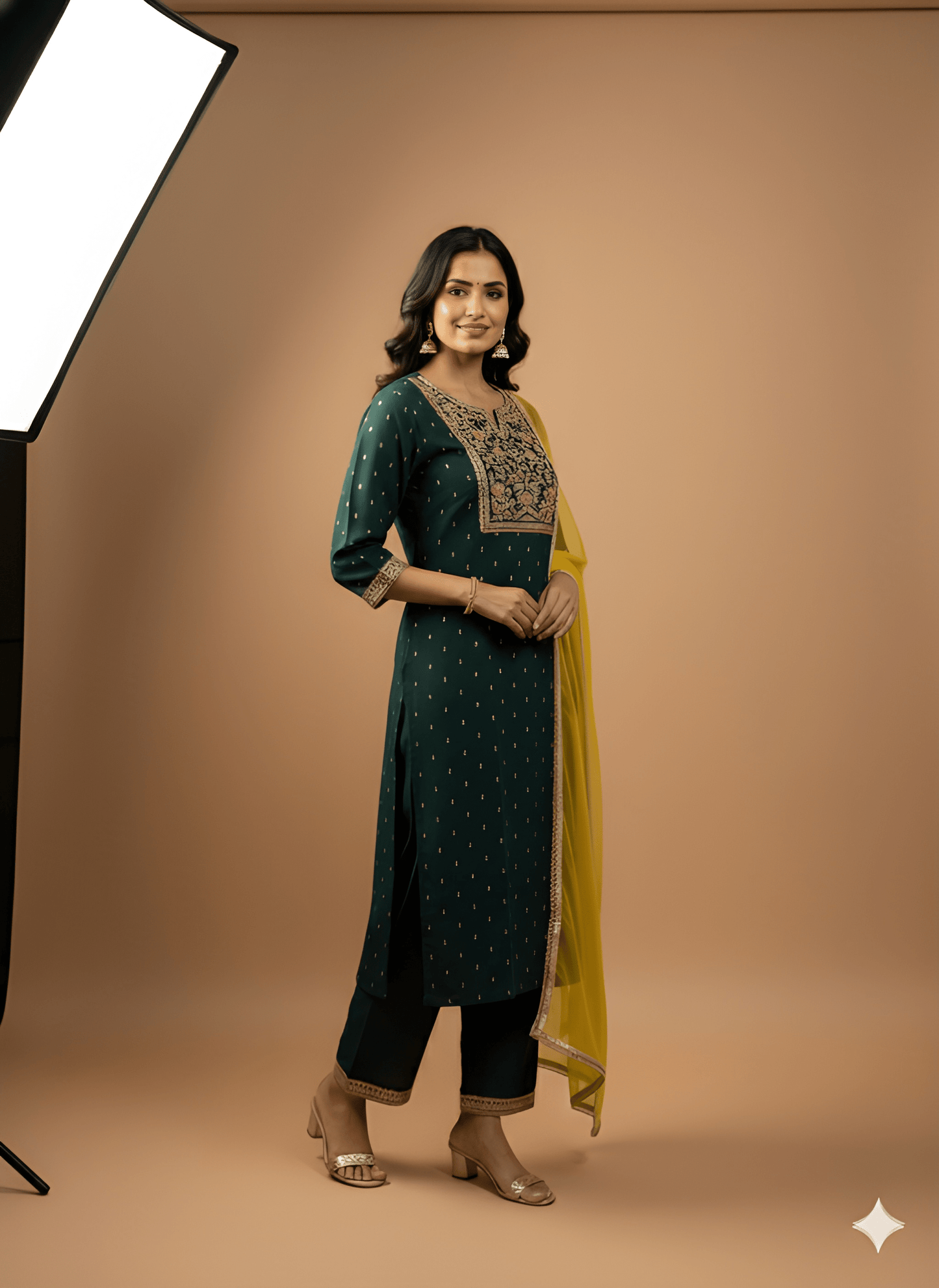 Green Round V Neck Silk Kurta