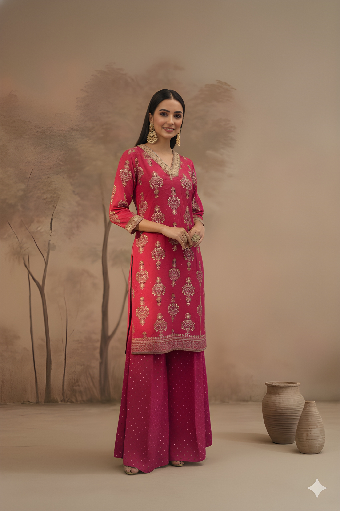 Pink V-Neck Rayon Cord Set