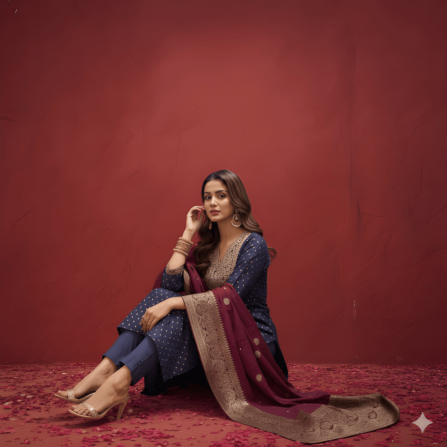 Purple V Neck Silk Kurta Set with Dupatta