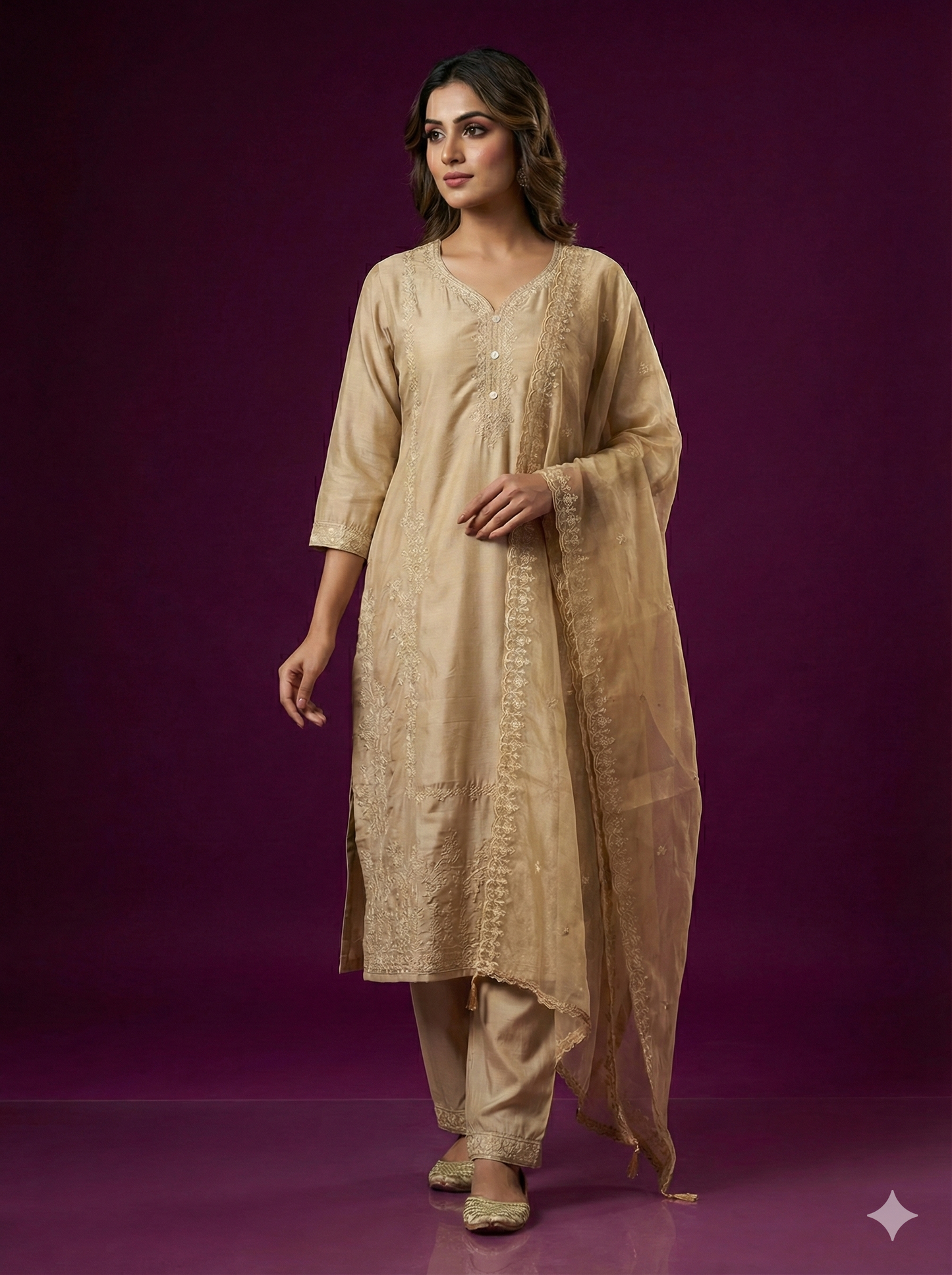 Beige Deep-V Rayon Kurta Set with Dupatta