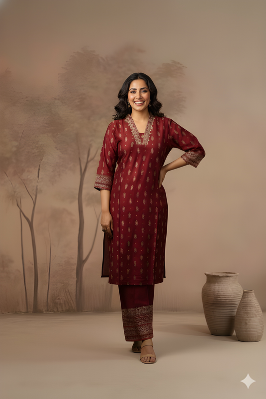 Burgundy Deep-V Silk Cord Set