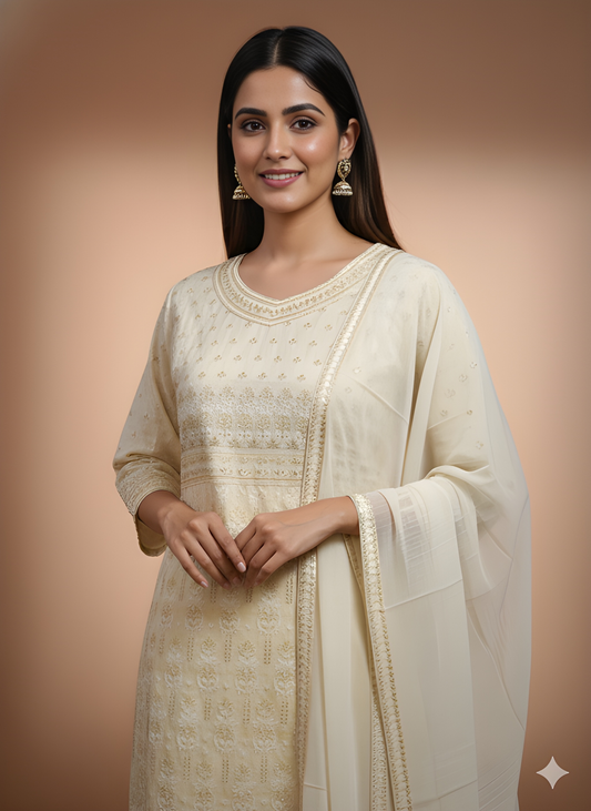 Ivory V Neck Silk Kurta Set with Dupatta