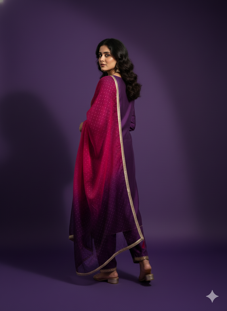 Purple V Neck Viscose Kurta set with Dupatta
