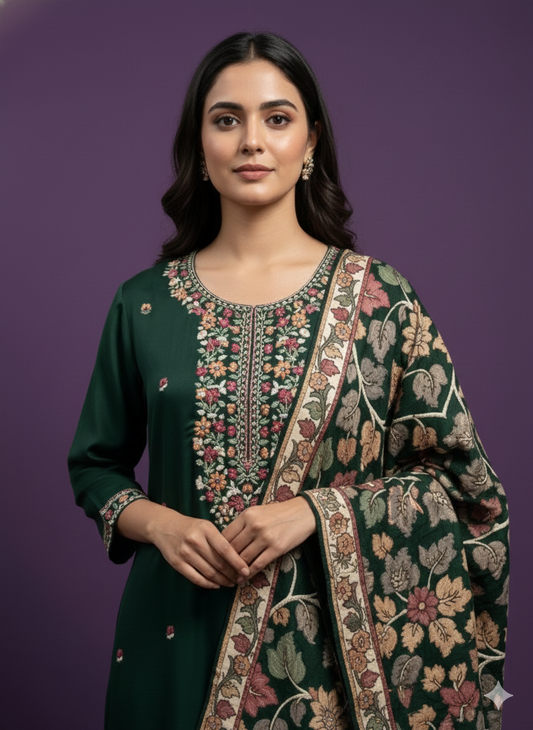 Green Round Neck Gazi Silk Kurta Set with Dupatta
