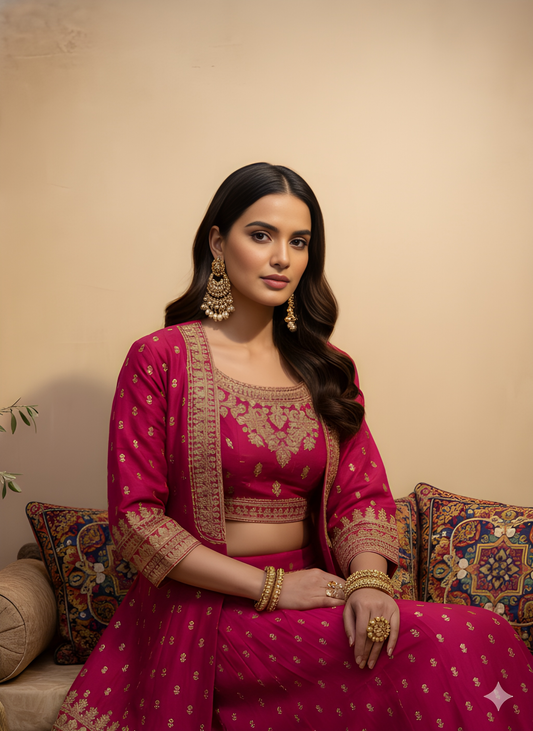 Pink Round Neck Silk Jacket Style 3 PCS Set