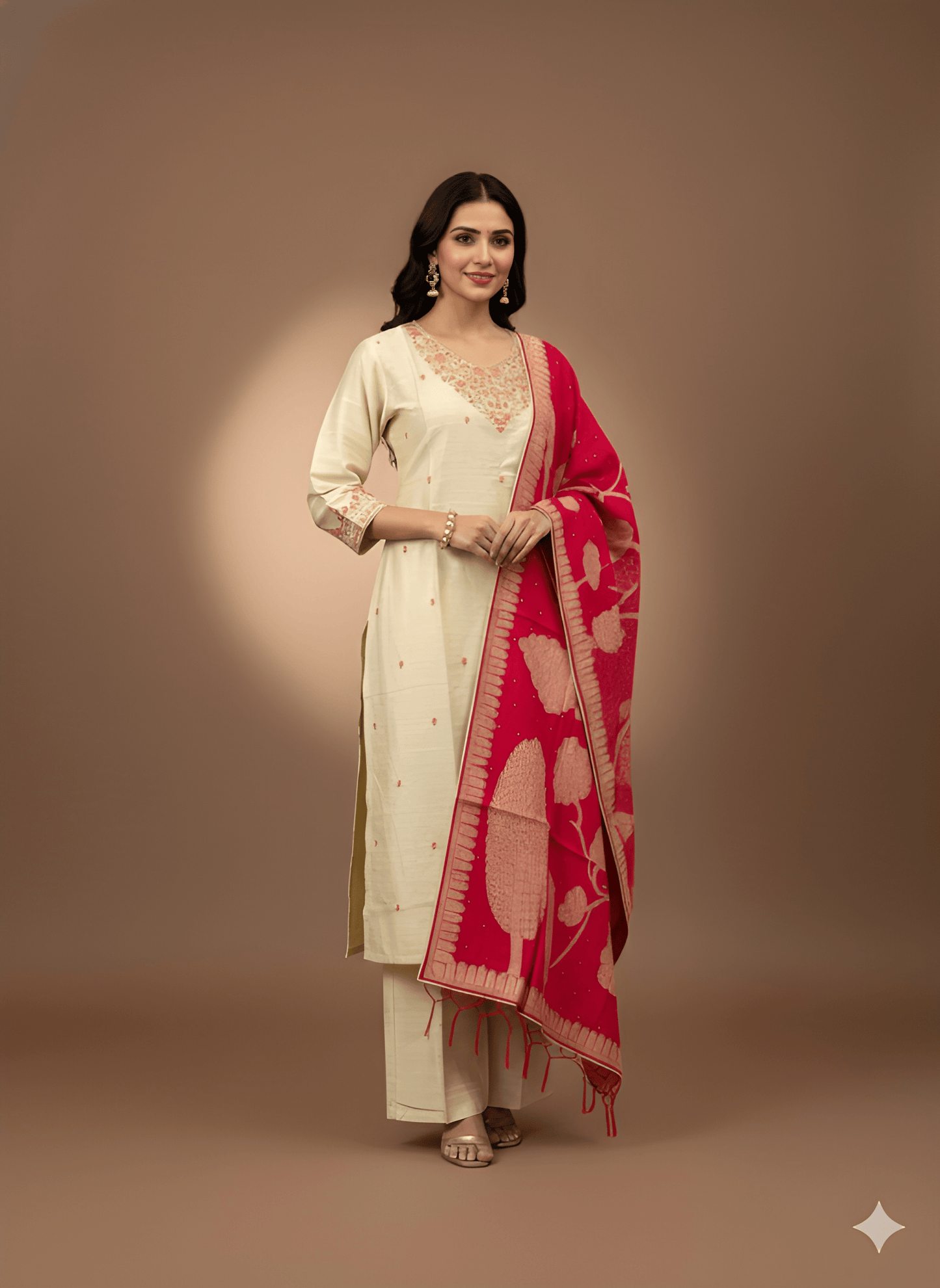 Ivory Round V Neck Viscose Kurta Set with Dupatta