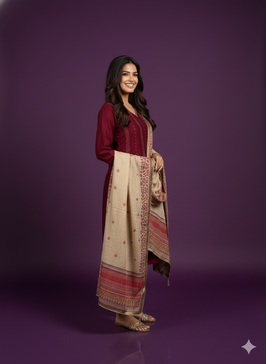 Burgundy Round V-Neck Silk 2PCS Set