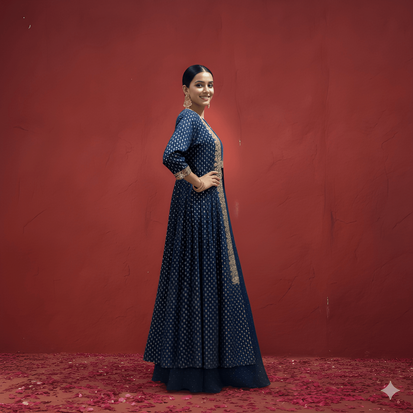 Span Blue Round Neck Silk 3 PCS Set