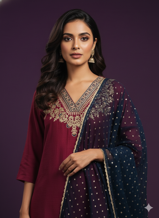 Mulberry V-Neck Kurta Set with Dupatta