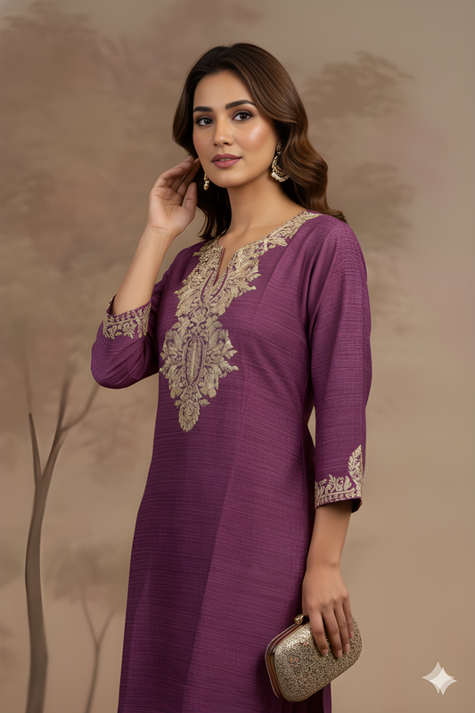 Purple Round V neck Visocse Cord Set