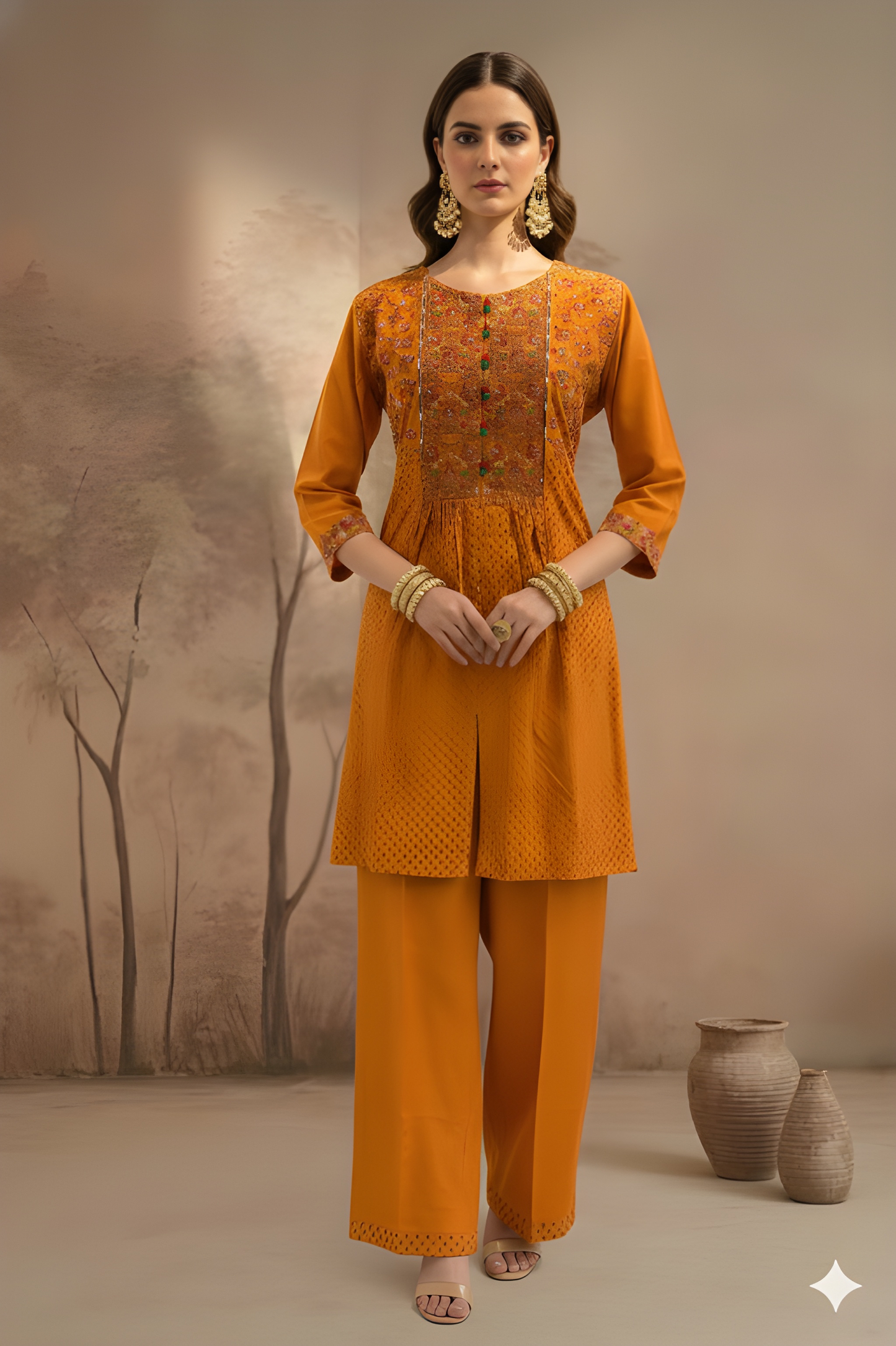 Orange Round Neck Rayon Short Kurta