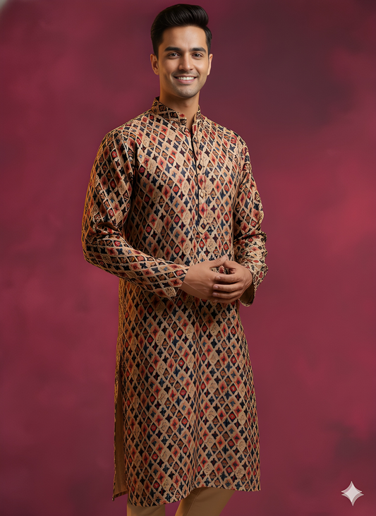 Beige Mandarin Neck Silk Kurta