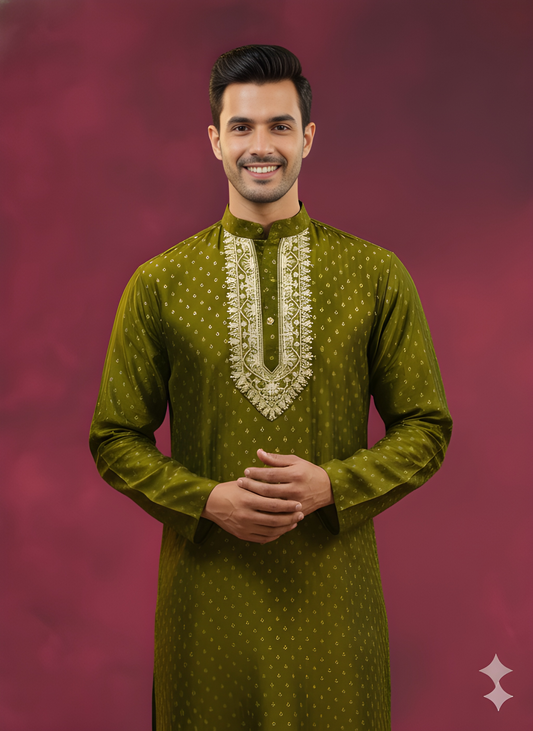 Green Mandarin Neck Silk Kurta