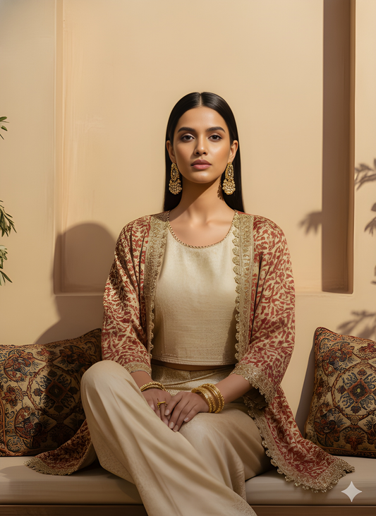 Ivory Round Neck Silk 3PCS Set