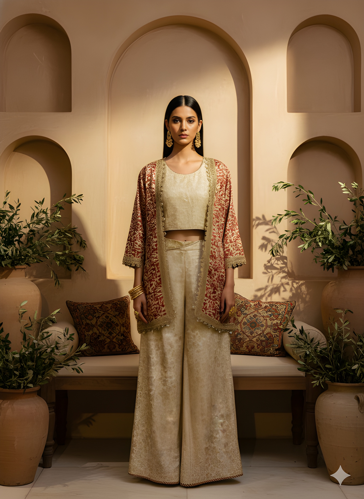 Ivory Round Neck Silk 3PCS Set