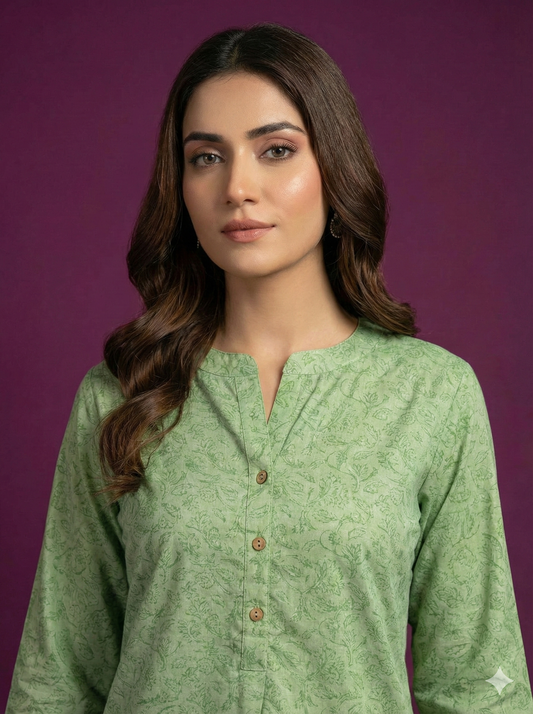 Span Green Mandarin Cotton Short Kurta