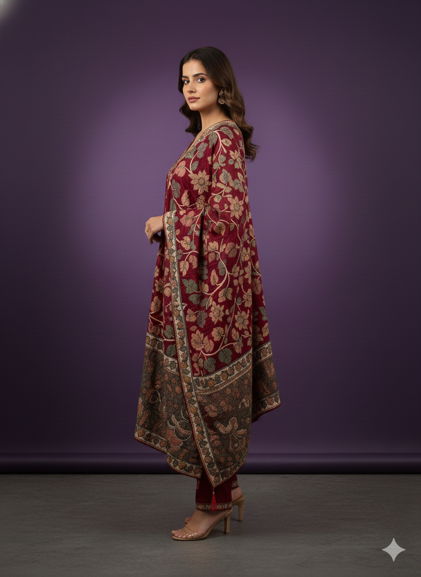 Red V-Neck Gazi Silk Kurta Set with Dupatta