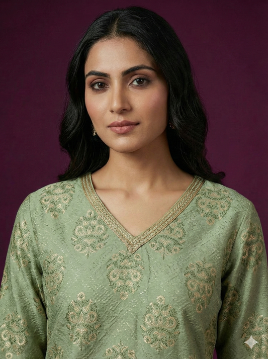 Span Green V-Neck Viscose Short Kurta